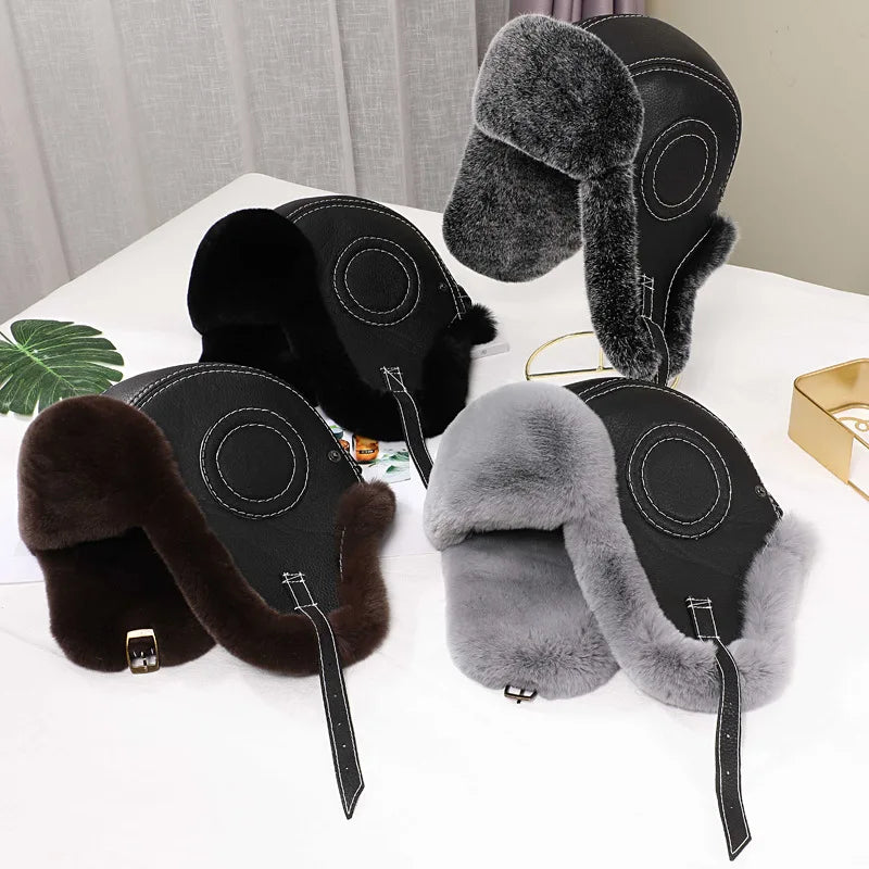 2026  Winter Men's 100% Real Rex Rabbit Fur Bomber Hat Ushanka Cap Trapper Russian Man Ski Hats Caps Real Sheepskin Leather