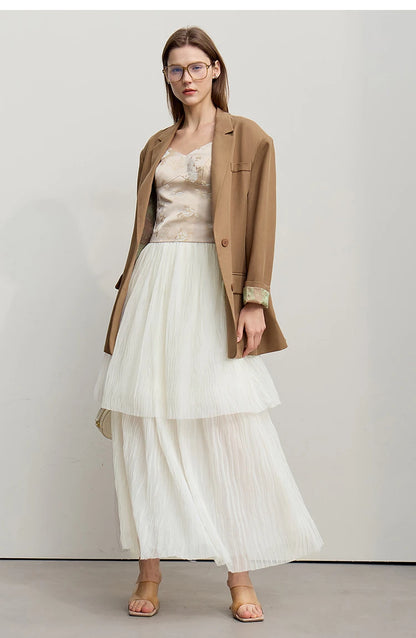Long Skirt 2026 Spring New Casual Vacation Waist Pleated Mesh Long Skirt Women Loose Solid Versatile Woman Clothes 12621001