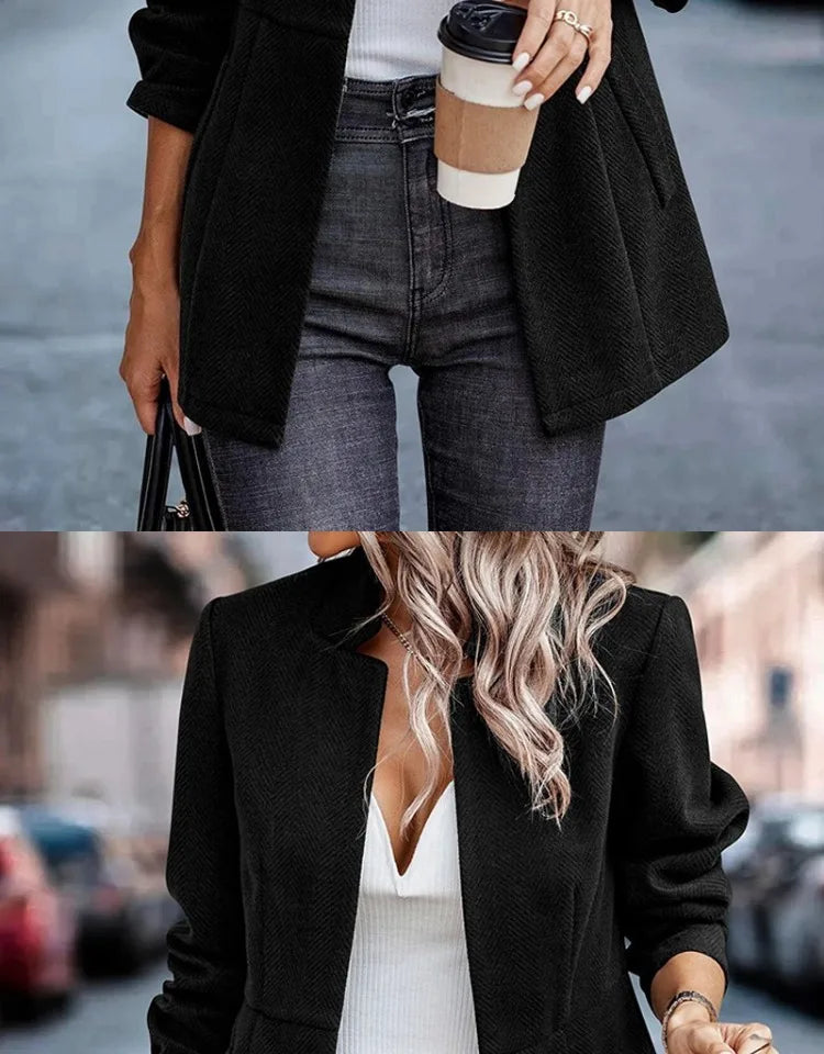 Commute Style Simple Design Woolen Suit Coat Pink Lapel Open Cardigan Short Length Polyester Fiber Women's Fashion Outerwear