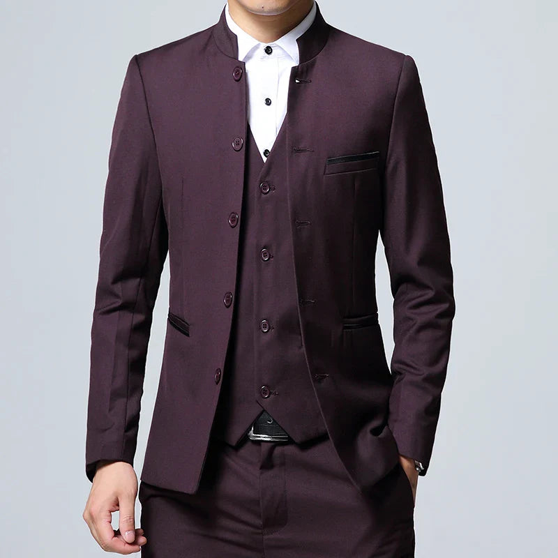 Black Stand Collar Men's 3-Piece, Wedding Party Blazer Jacket and Vest with Pants, Blue Asian Size Slim Fit Sets.