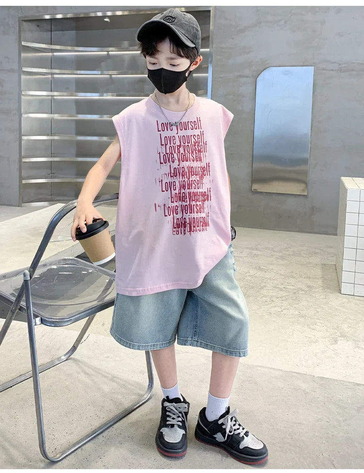 2025 New Summer Outfit Sets for Boys Sleeveless Tshirt And Denim Shorts 2 Pieces Tracksuit Kids Child Stylish Sports Suits 5-14Y
