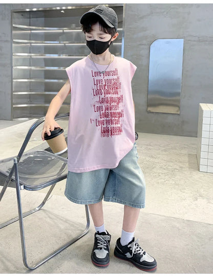 2025 New Summer Outfit Sets for Boys Sleeveless Tshirt And Denim Shorts 2 Pieces Tracksuit Kids Child Stylish Sports Suits 5-14Y