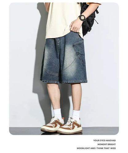Summer New Baggy Denim Shorts Fashion Casual Straight Harajuku Jeans Male Vintage Wash Drawstring Short Pants Streetwear