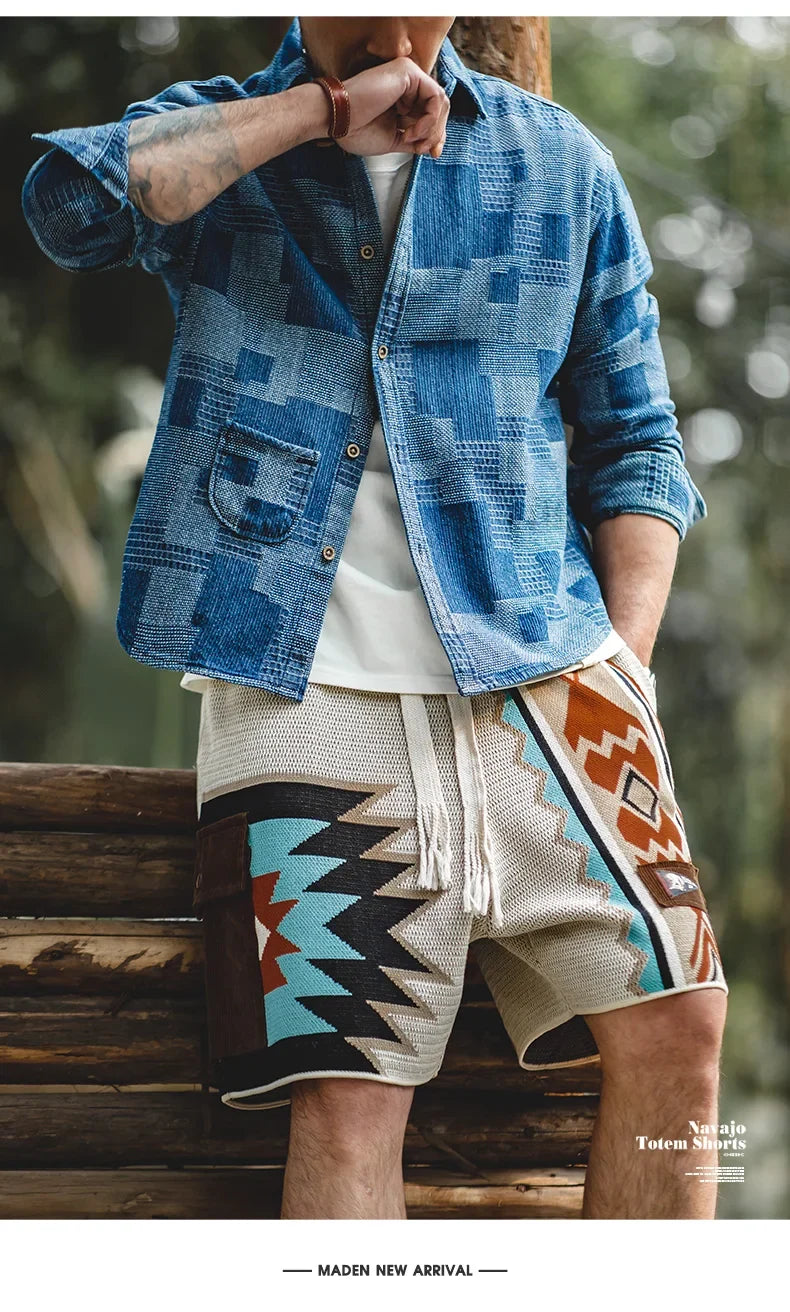 Navajo Totem Knitted Shorts Men's  Elastic Waist Casual Shorts with Corduroy Pocket Summer Beach Breathable Short Pants