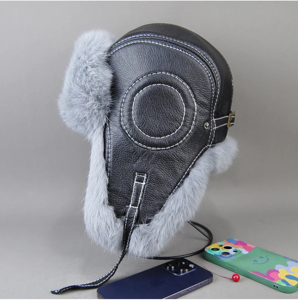 2026 Fashion Men's 100% Natural Rabbit Fur Bomber Hats Winter Russian Man Warm Real Sheepskin Leather Hat Male Real Fur Caps