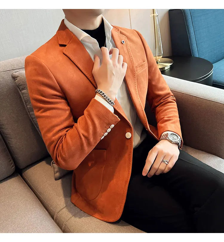 High-quality, fashionable men's stylish, versatile and trendy Korean-style slimming suede business casual suit