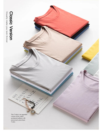 6% Real Silk Cotton Modal Women's T-shirt 2026 Summer Tees Short Sleeve Solid Tee Shirts V-neck Casual Woman Basic T shirt Tops