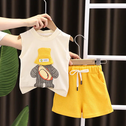 Korean Children Summer Sets Girl Boy Sleeveless Vest Shorts Suit Child Clothing Fashion Outfits Kids Costume