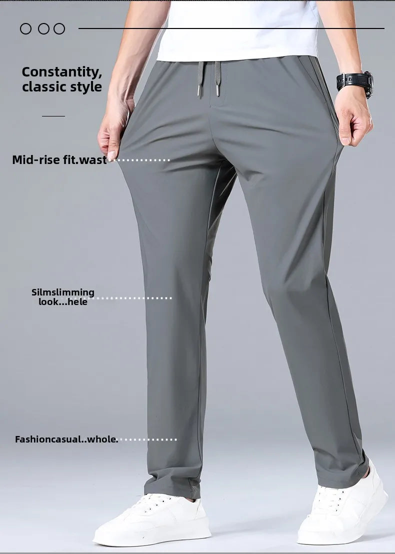 High Quality Ice Silk Stretch New Brand Casual Fashion Elastic Strappy Long Pants Street Style Pencil Teens Trousers Men Clothes