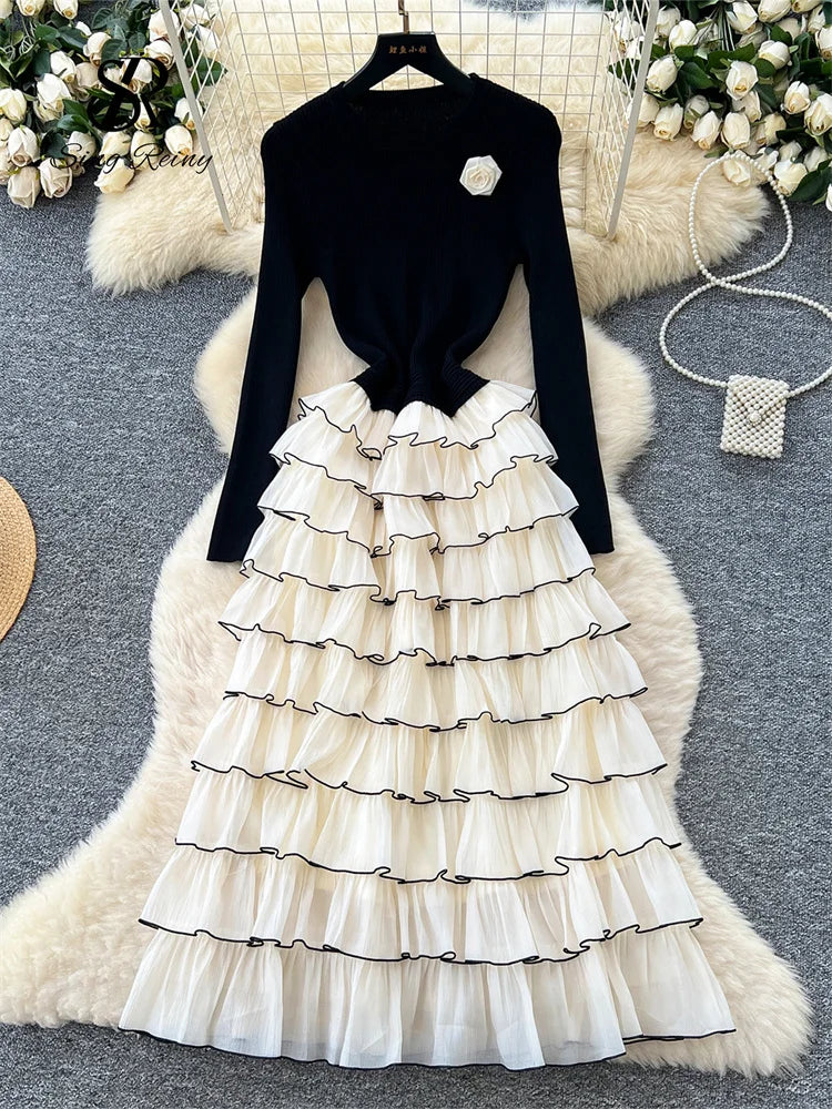 Autumn 3D Floral Spliced Long Dress 2025 Female O Neck Long Sleeves High Quality Slim Luxury Knitted Party Cake Dress