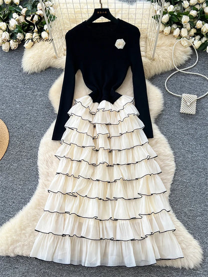 Autumn 3D Floral Spliced Long Dress 2025 Female O Neck Long Sleeves High Quality Slim Luxury Knitted Party Cake Dress