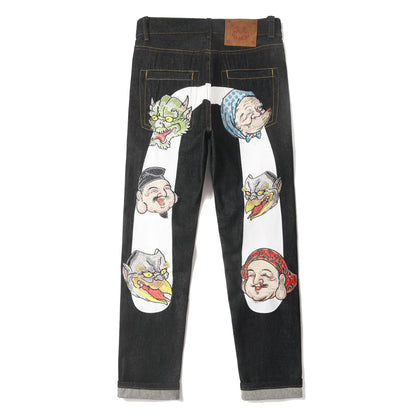 Japanese Handmade Embroidered Jeans Men's Pure Cotton Straight Tube Hip-Hop Popular Slim Red Ears Show Thin Trousers Devil Big M