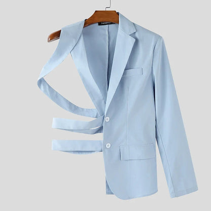 Men Irregular Blazer Lapel One-shoulder Long Sleeve Button Hollow Out Casual Suit Men Streetwear 2025 Fashion Thin Coats