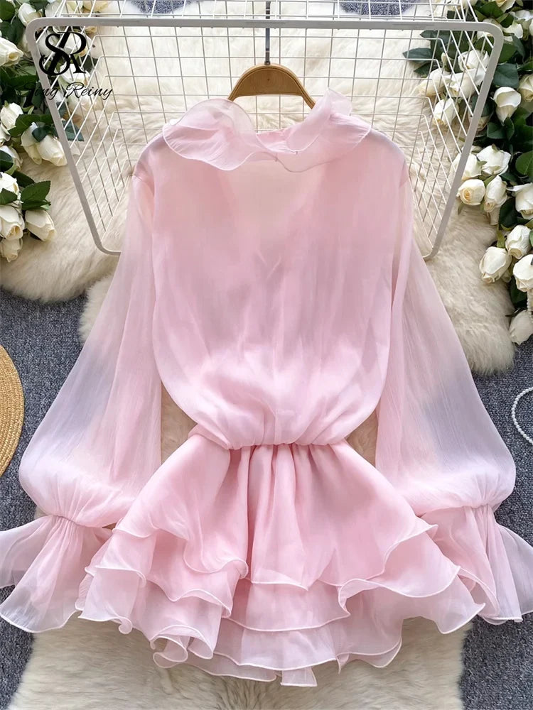 3D Floral Beach Short Dress Female Long Sleeves Lace Up Ruffle Chiffon Cake Sundress Sheer Sexy Vintage Bohemian Dress