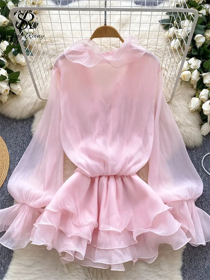 3D Floral Beach Short Dress Female Long Sleeves Lace Up Ruffle Chiffon Cake Sundress Sheer Sexy Vintage Bohemian Dress