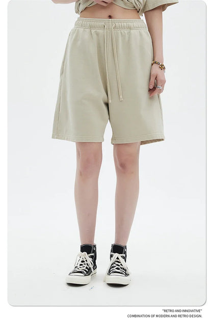 Fashion Summer Men 420gsm Washed Cotton Shorts Retro Unisex High Street Terry Knee Length Short Pants Streetwears HY0845