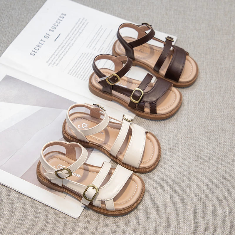 Girls Roman Sandals Open Toe Little Kids Leather Sandals with Buckle Open Toe Children Summer Beach Shoes Non-Slip Soft Sole