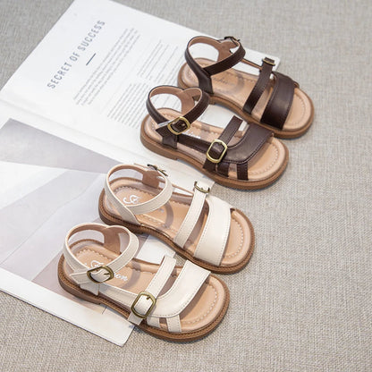 Girls Roman Sandals Open Toe Little Kids Leather Sandals with Buckle Open Toe Children Summer Beach Shoes Non-Slip Soft Sole