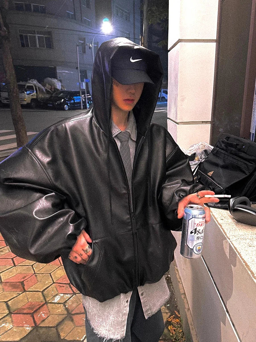 Spring Autumn Short Oversized Black Soft Pu Leather Jacket Men with Hood Zipper Loose Casual Korean Fashion Clothes
