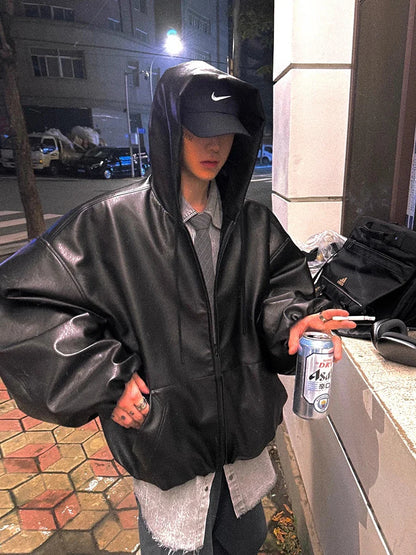 Spring Autumn Short Oversized Black Soft Pu Leather Jacket Men with Hood Zipper Loose Casual Korean Fashion Clothes