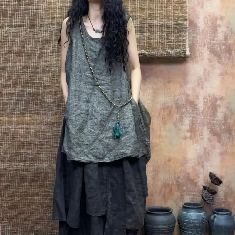 New Arrival Summer Arts Style Women Sleeveless Loose Casual Tank Tops Good Quality Linen Vintage Solid Long Tank Top Femme H165
