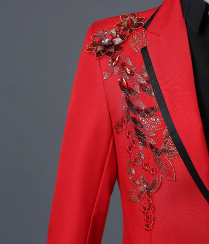 New Men Luxury Decal Suits Black / Red / Blue / White Fashion Singer Host Stage Performance Splicing Flower Blazers and Pants