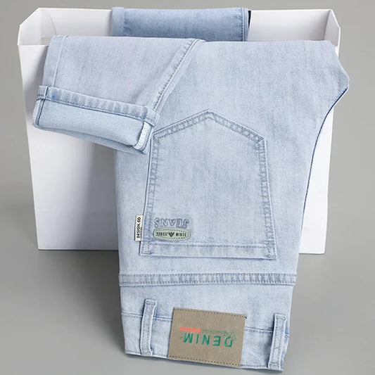 Classic Men Vintage Cloth High Waist Trousers 2024 Autumn Loose Straight Stretch Wash Jeans High Quality Sky Blue Brand Pants