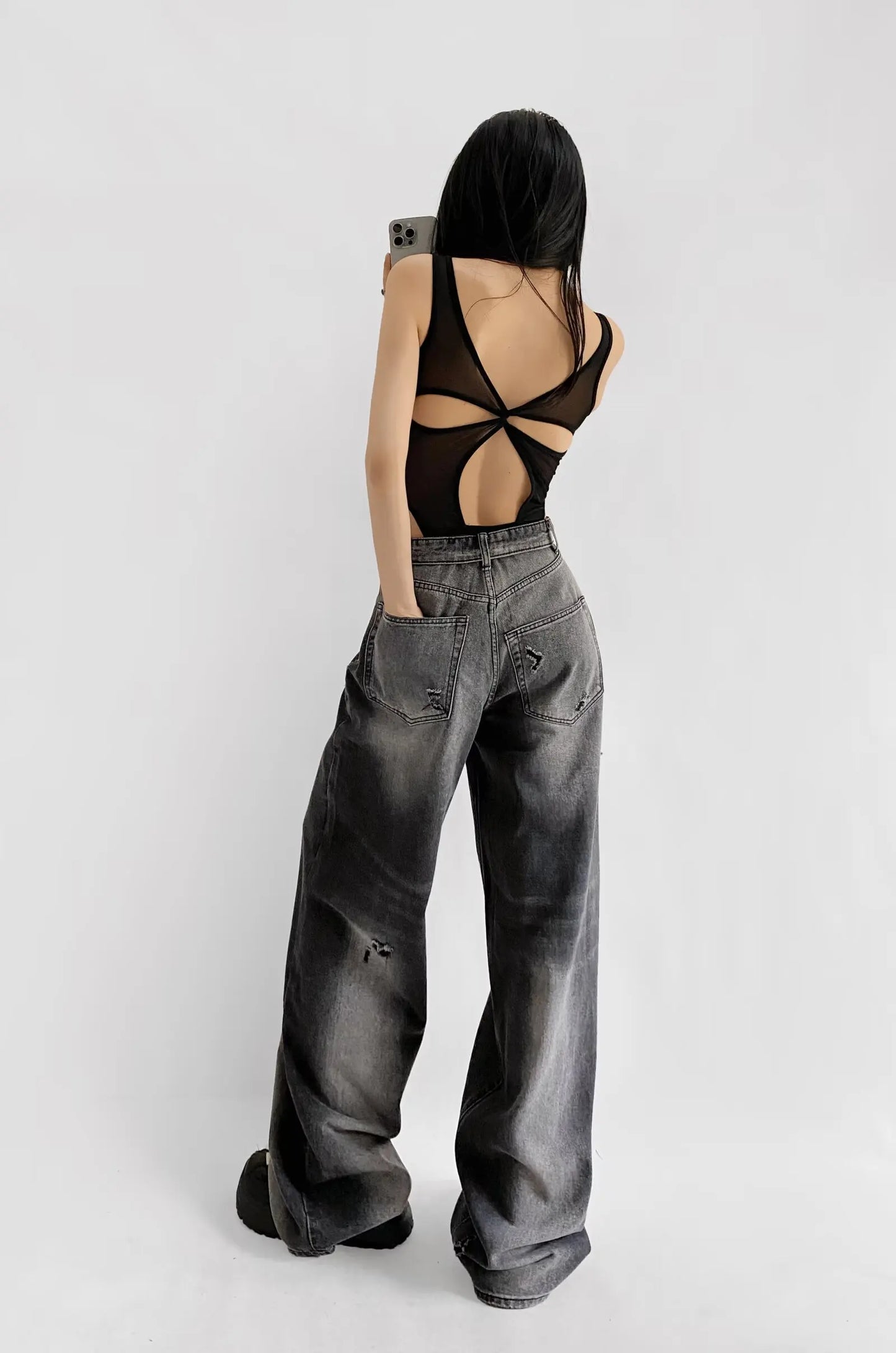 American Retro Cuffed High Waist Slimming Casual Denim Jeans Women's Autumn Versatile Loose Straight Leg Floor-Length Pants