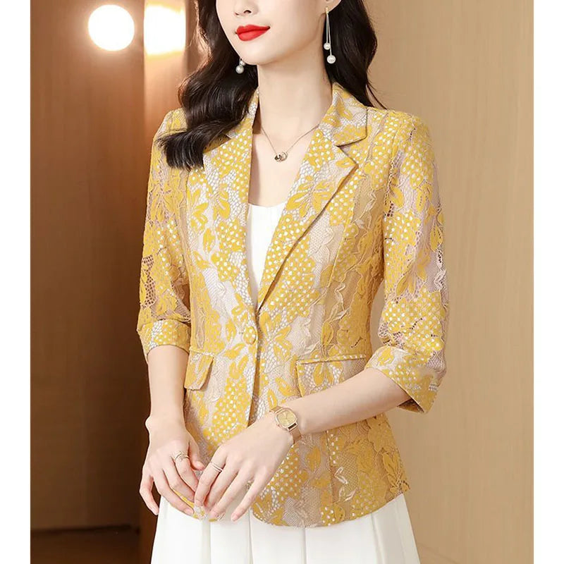 Lace Small Blazer Coat Women's 2025 Spring Summer Korean Version Fashion Ladies Elegant Casual Temperament Female Blazer Jacket