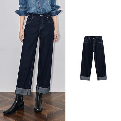 Women Denim Jeans 2025 Spring New Straight Wide Leg Rolling Up Ankle Length Cropped Pants