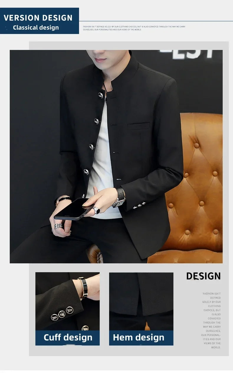 2024 Men's Slim Fit Long Sleeve Casual Suit Korean Trend Stand Collar Fashion Handsome Male Suit