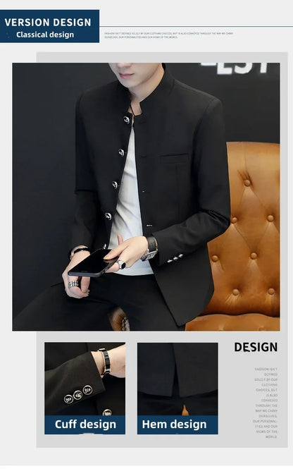 2024 Men's Slim Fit Long Sleeve Casual Suit Korean Trend Stand Collar Fashion Handsome Male Suit