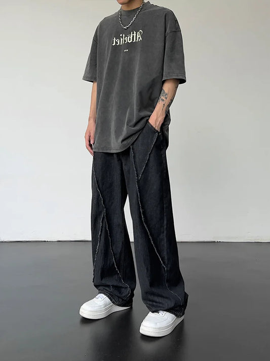 2025 Men HipHop Distressed Jeans Pants Men Ripped Patchwork Denim Pants Male Oversized Loose Casual Streetwear Wide Leg Trousers