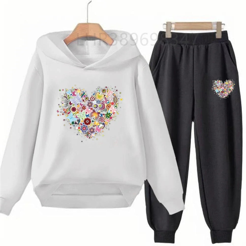 Heart-Shaped Children's Hoodies Suit Top+Bottom Girls Pink Boy Black Age 3-12 Coat Casual Toddler Long Sleeves Autumn Clothing