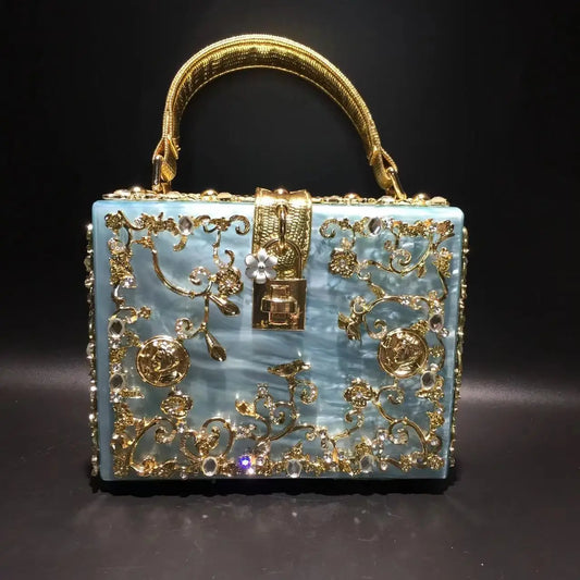 Luxury Designer Shimmer Acrylic Box Glitter Rhinestones Diamond Evening Bag Wedding Party Clutch Purse Shoulder Messenger Bag