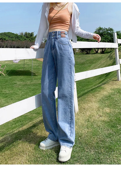 Y2K Woman Jeans High Waist Wide Leg Cotton Denim Clothing Blue White Streetwear Vintage Fashion Harajuku Straight Pants