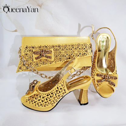 2025 Elegant Women's Peep-Toe Heels and Matching Olive Color Diamond Pumps Set Stylish Italian Shoes and Bags for Parties
