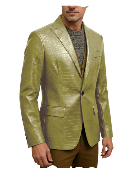 Vintage Men's Crocodile Embossed Leather Blazer Notch Lapel 1 Button Jacket Business Casual Formal Luxury Coat With Flap Pockets