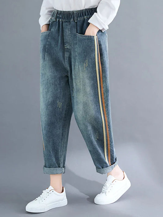 Large Size Artistic Faded Denim Jeans Women's Side Stripe Harlan Long Pants Spring Faion High Waist Regular Thin