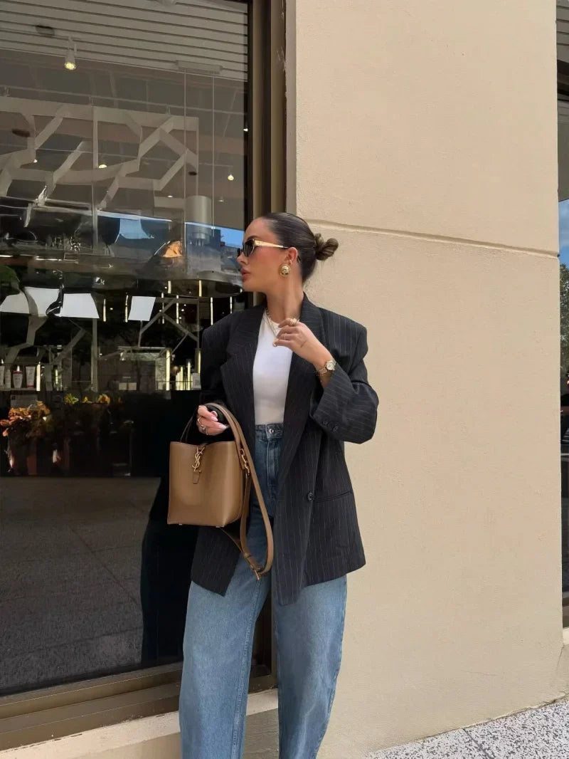 Fall/Winter 2025 New  Women's Street Fashion oversized pinstripe shoulder-padded loose suit jacket for women