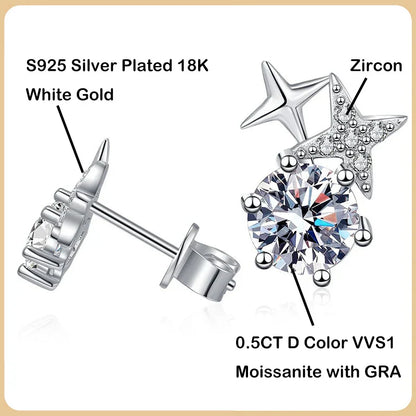 New In D Color 1CT Star Moissanite Stud Earrings For Women Party Fine Jewelry S925 Sterling Silver Diamond Earring