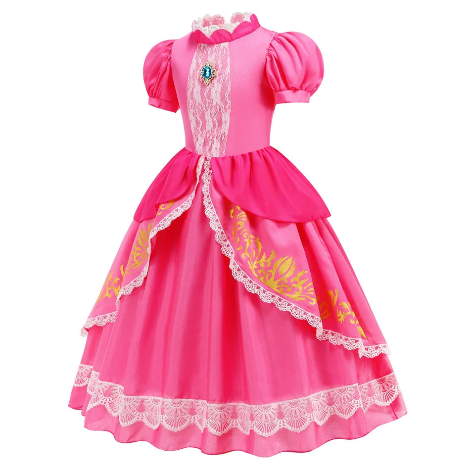 Pumber Bros Vedio Game Movie Cosplay Girl Peach Dress up Lace Ball Gown Princess Costume Kid Cute Halloween Clothing Frock 2-10Y
