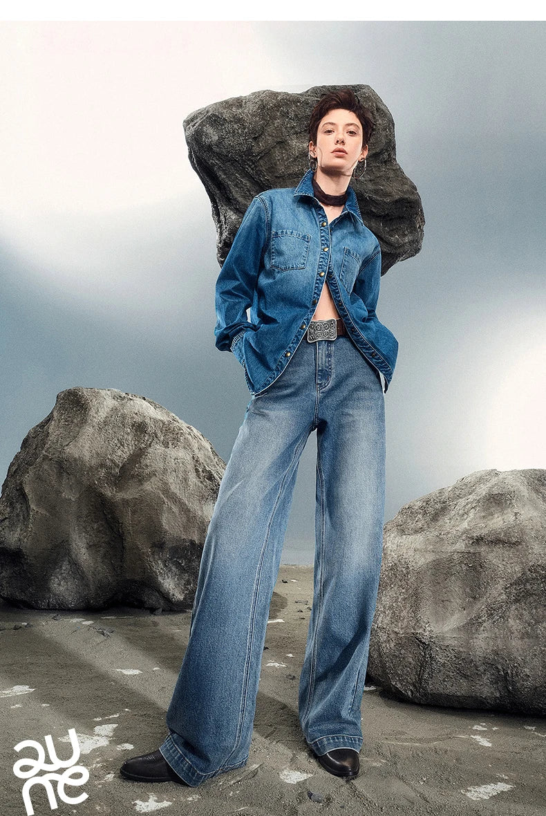 Women Denim Jeans 2025 Autumn New Lycra Stretch Washed Wide Leg Straight Long Pants