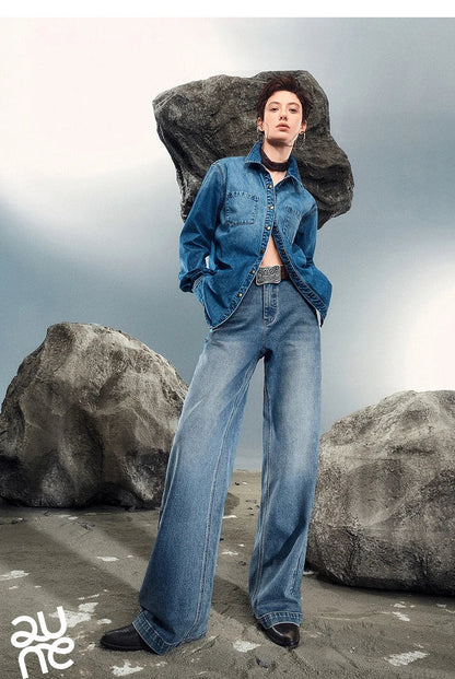 Women Denim Jeans 2025 Autumn New Lycra Stretch Washed Wide Leg Straight Long Pants