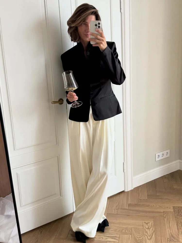 Women's Spring Summer Satin Mandarin Collar Knot Button Blazer Chic Formal Casual Wear 2026 Trendy Feminine Fashion Coat
