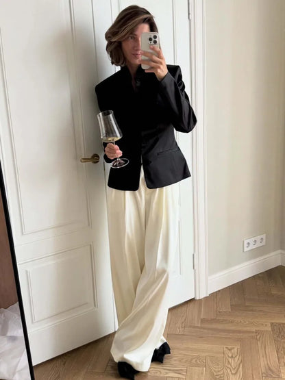 Women's Spring Summer Satin Mandarin Collar Knot Button Blazer Chic Formal Casual Wear 2026 Trendy Feminine Fashion Coat