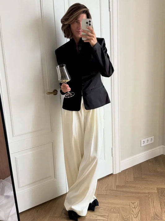 Women's Spring Summer Satin Mandarin Collar Knot Button Blazer Chic Formal Casual Wear 2026 Trendy Feminine Fashion Coat