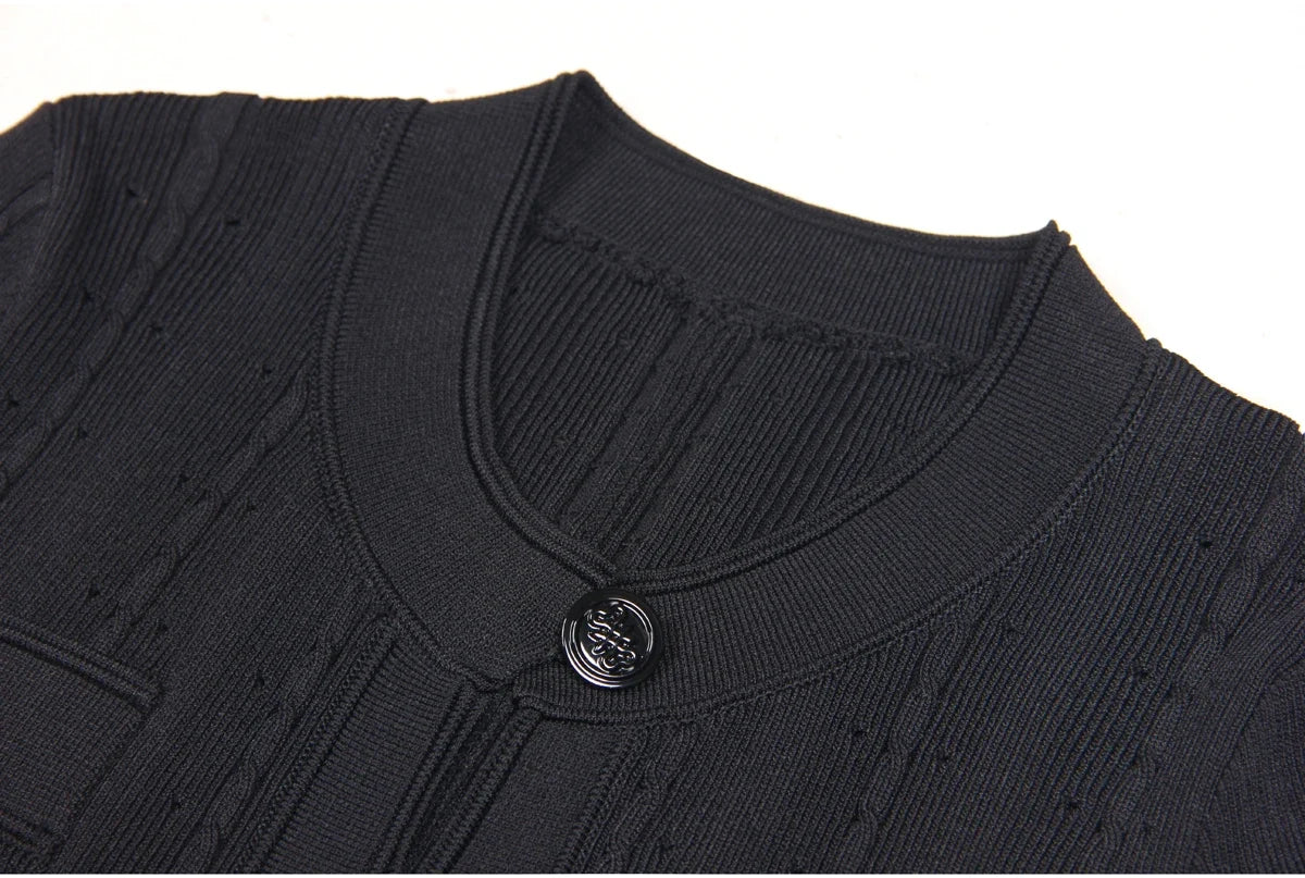 Three Color High-quality New Fashionable Elastic Knitted Hollow Round Neck Single Breasted Short Sleeved Slim Fit Women's Dress