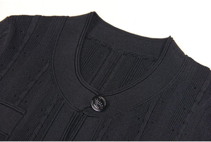 Three Color High-quality New Fashionable Elastic Knitted Hollow Round Neck Single Breasted Short Sleeved Slim Fit Women's Dress