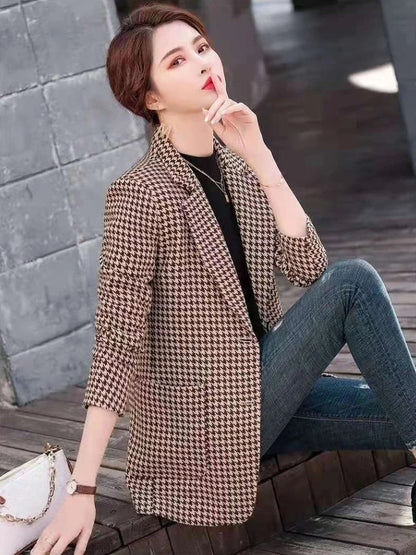 Women's Houndstooth Pattern Blazer Long Sleeve 2025 New Spring Autumn Korean Style Elegant Casual Elegance Daily Wear